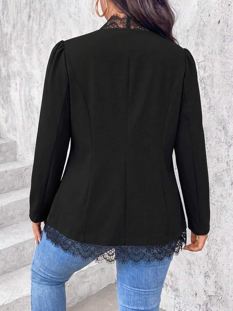 SHEIN Clasi CURVE Plus Size Women's Lace Patchwork Casual Commute Travel Blazer - Black - View 2
