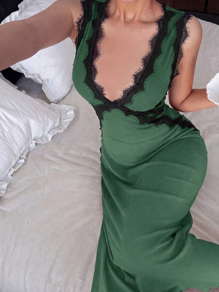 Napfluff Women's Long Lace Trim Deep V-Neck Backless Nightgown Loungewear - Green - View 5