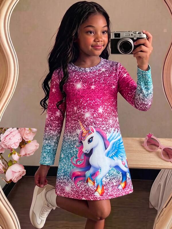 SHEIN Young Girls Dress Cute Unicorn Graphic Glitter Rainbow Print Long Sleeve Crew Neck A-Line Pullover Skirt Casual Birthday Party Winter Outfits