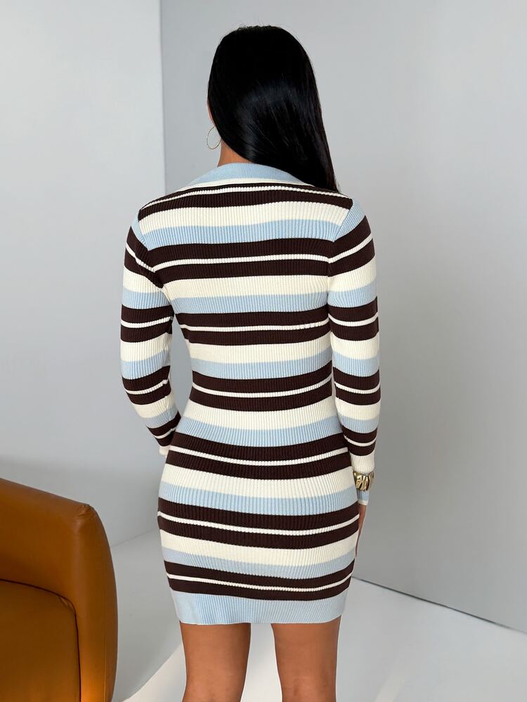 SHEIN Unity 女款條紋領口長袖修身針織洋裝 - 彩色 - 查看 2
