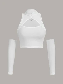 SHEIN ICON 前鏤空短款上衣帶袖子 - 白色 - 查看 3