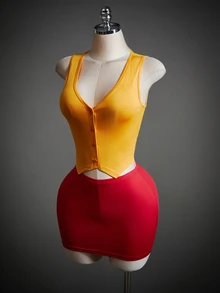 SHEIN ICON 萬聖節純色單排扣背心與裙裝套裝 - 彩色 - 查看 7