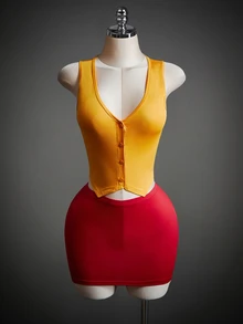 SHEIN ICON 萬聖節純色單排扣背心與裙裝套裝 - 彩色 - 查看 6