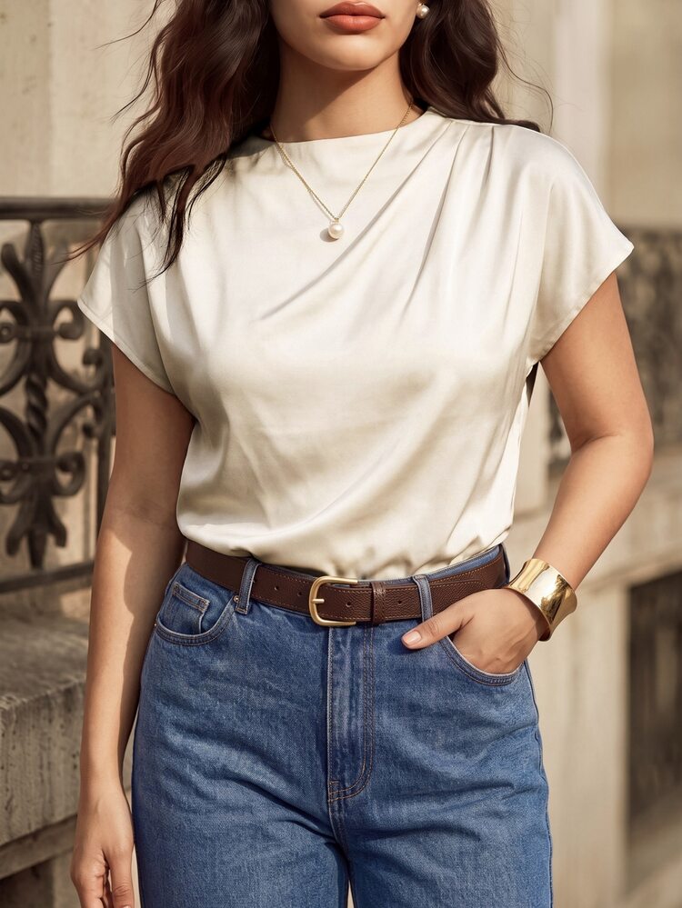 Juhart Plus Size Women's Elegant Beige Satin Solid Color Shirt, Spring/Summer Teachers' Day Office Formal - Apricot - View 5