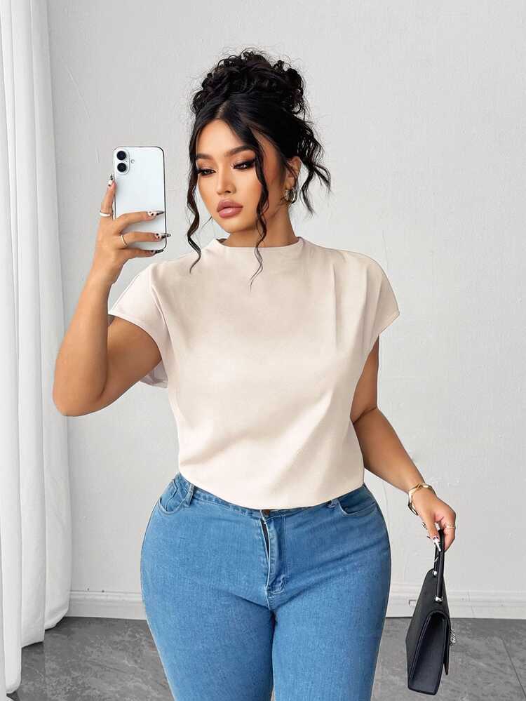 Juhart Plus Size Women's Elegant Beige Satin Solid Color Shirt, Spring/Summer Teachers' Day Office Formal - Apricot - View 9