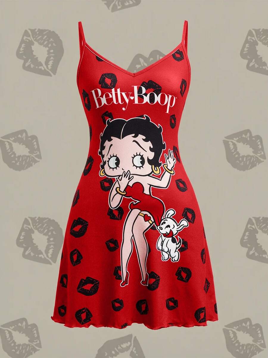 Betty Boop x SHEIN 女款卡通印花細肩帶睡裙 - 紅色 - 查看 1