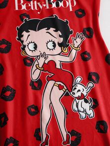 Betty Boop x SHEIN 女款卡通印花細肩帶睡裙 - 紅色 - 查看 4