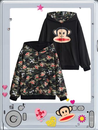 Paul Frank X ROMWE Women's Cartoon Pattern Hooded Casual Everyday Long Sleeve Sweatshirt