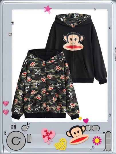 Paul Frank X ROMWE Women's Cartoon Pattern Hooded Casual Everyday Long Sleeve Sweatshirt