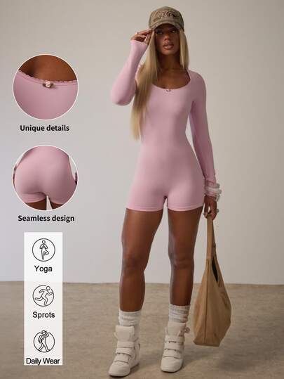 SHEIN BAE جمبسوت وردي بأكمام طويلة، جمبسوت صيفي قصير ضيق مثير، جمبسوت ضيق بياقة دائرية، جمبسوت مناسب لحفلات وسهرات عام 2000، جمبسوت رياضي