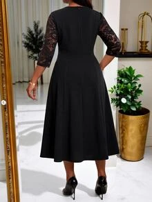 SHEIN Lady CURVE 大尺碼女款蕾絲拼接休閒優雅派對雞尾酒正式旅行連身裙 黑色 夏季 - 黑色 - 查看 2