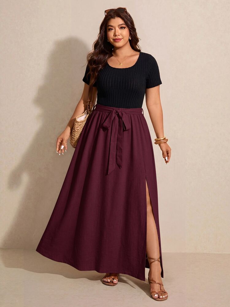Elaquor Plus Size Vacation Casual Colorblock Patchwork Slit Dress - Burgundy - View 4