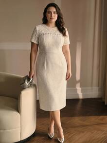 MOTF PREMIUM PLUS SIZE AUTUMN/WINTER LACE & SEQUIN PATCHWORK TWEED SHORT SLEEVE MID-LENGTH DRESS - Apricot - View 5