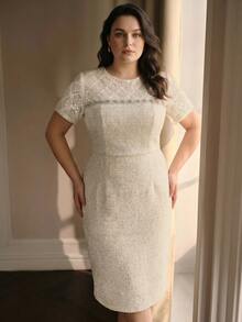 MOTF PREMIUM PLUS SIZE AUTUMN/WINTER LACE & SEQUIN PATCHWORK TWEED SHORT SLEEVE MID-LENGTH DRESS - Apricot - View 3
