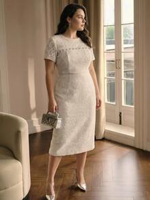 MOTF PREMIUM PLUS SIZE AUTUMN/WINTER LACE & SEQUIN PATCHWORK TWEED SHORT SLEEVE MID-LENGTH DRESS - Apricot - View 4