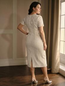 MOTF PREMIUM PLUS SIZE AUTUMN/WINTER LACE & SEQUIN PATCHWORK TWEED SHORT SLEEVE MID-LENGTH DRESS - Apricot - View 6