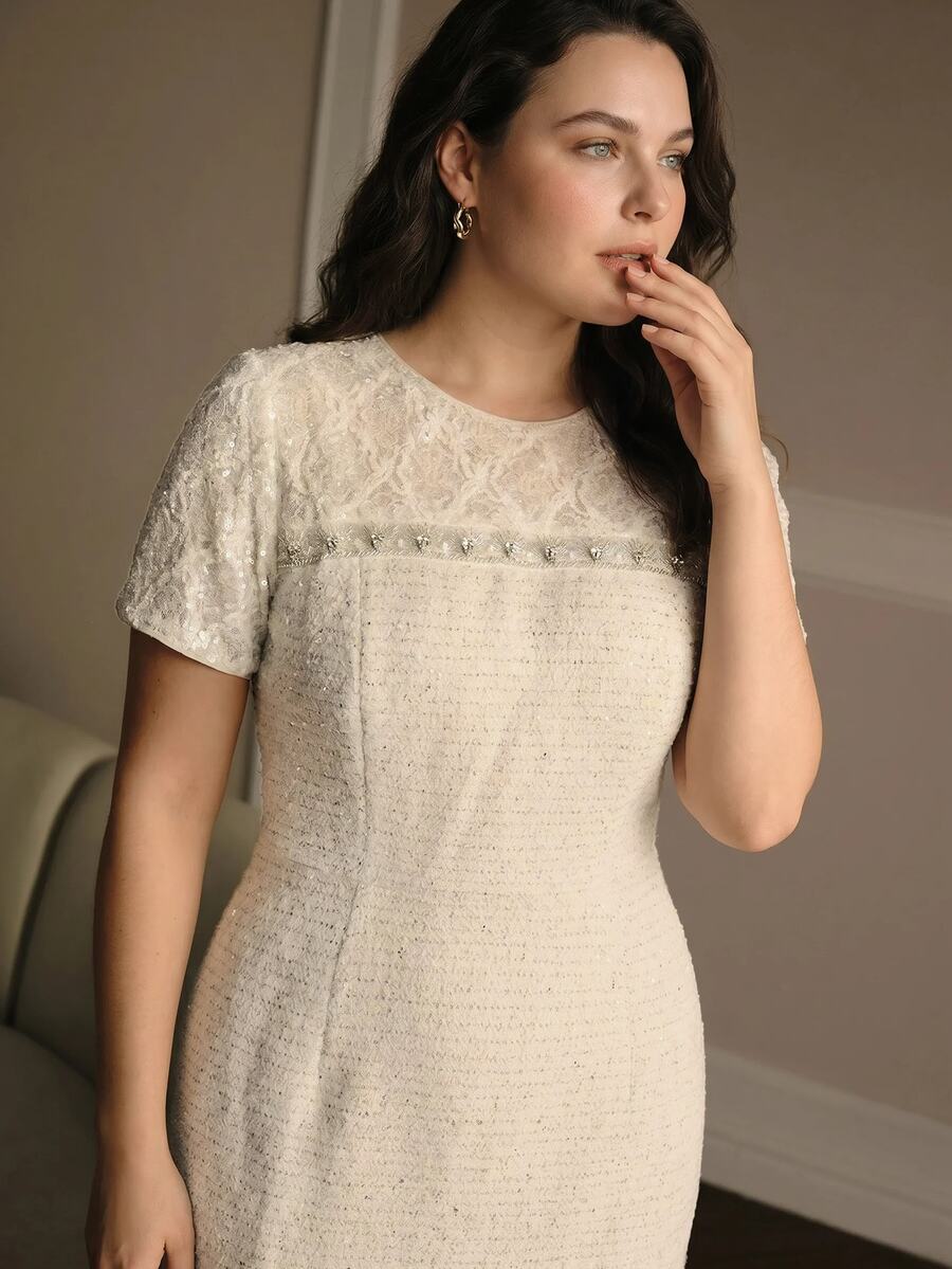 MOTF PREMIUM PLUS SIZE AUTUMN/WINTER LACE & SEQUIN PATCHWORK TWEED SHORT SLEEVE MID-LENGTH DRESS - Apricot - View 2