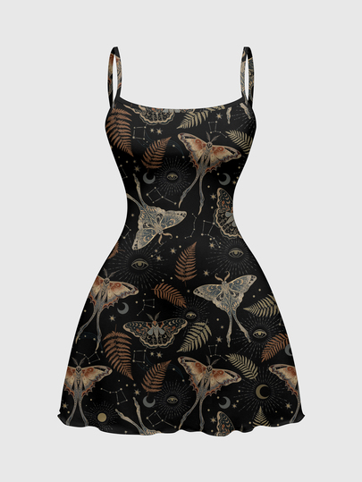 Dunkles Gothic-Kleid mit Motten-, Mond-, Sonnen- und Sternenmuster, sexy Spaghettiträger, elastisch, große Größen