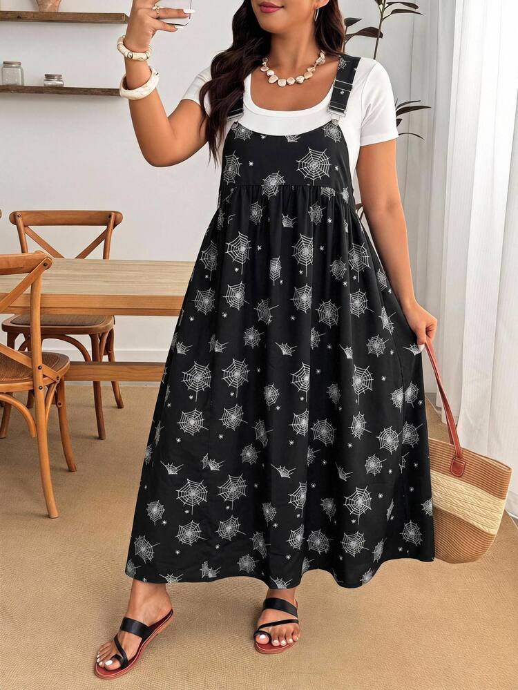 Enliva Plus Size Women's Apple Shape Halloween Spider Web Print Loose Fit Suspender Maxi Dress With Pockets - Black and White - View 4