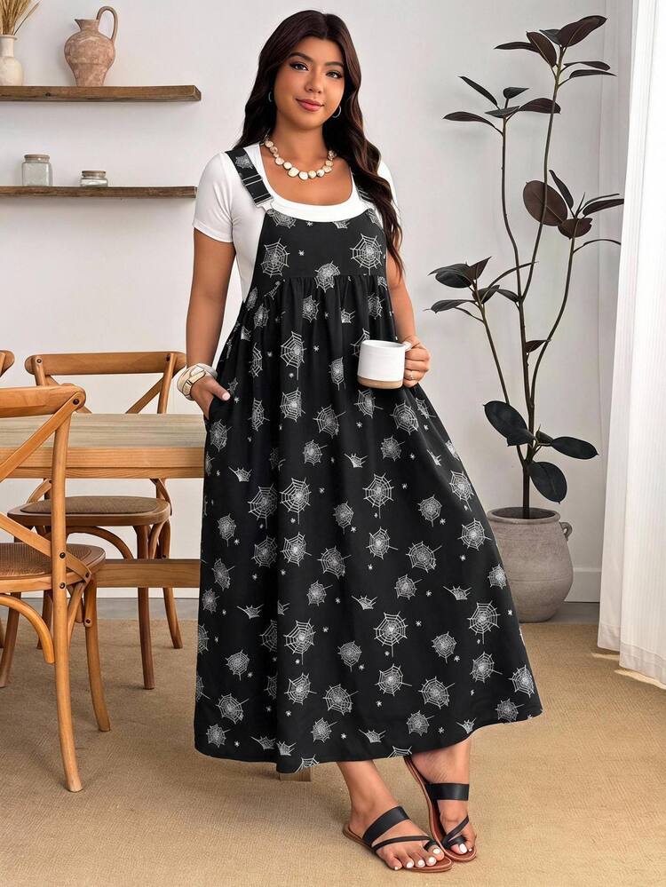 Enliva Plus Size Women's Apple Shape Halloween Spider Web Print Loose Fit Suspender Maxi Dress With Pockets - Black and White - View 6