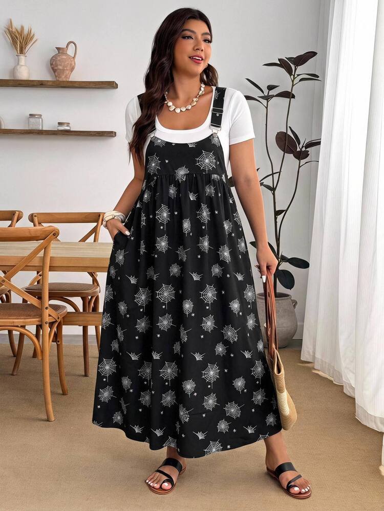 Enliva Plus Size Women's Apple Shape Halloween Spider Web Print Loose Fit Suspender Maxi Dress With Pockets - Black and White - View 5