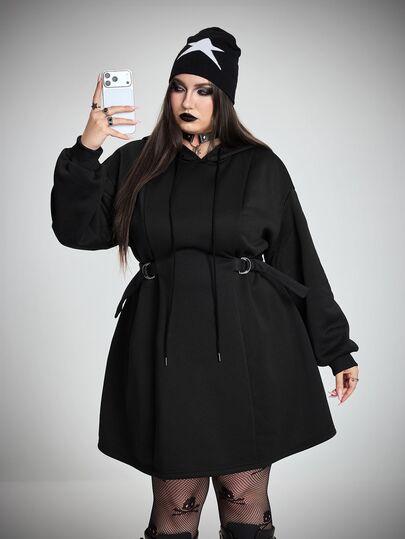 SHEIN CURVE+ Plus Size Women's Casual Hooded Cinched Waist Bodycon Dress, Comfortable And Slim Fit, Suitable For Commuting, Suitable For Autumn/Winter