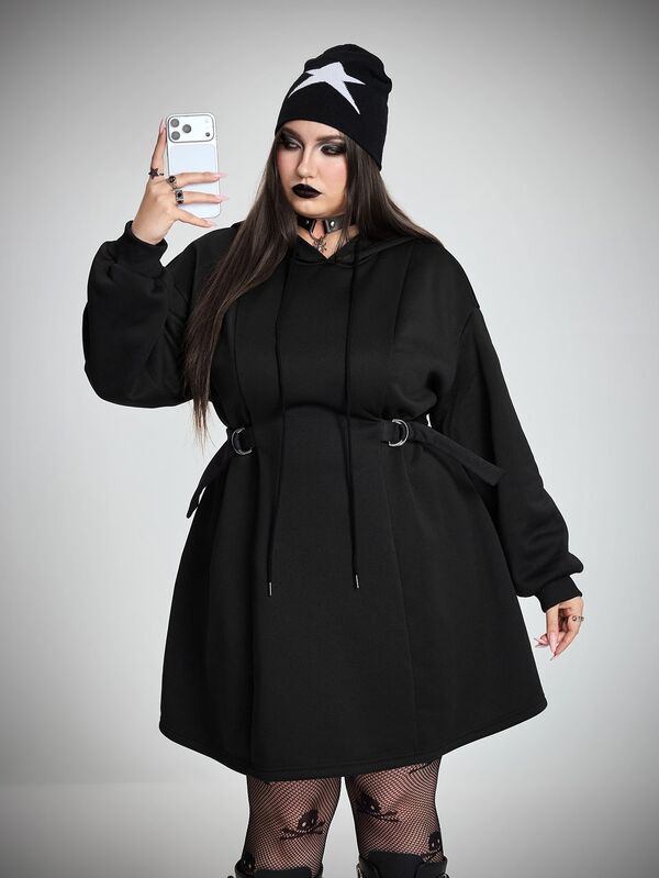 SHEIN CURVE+ Plus Size Women's Casual Hooded Cinched Waist Bodycon Dress, Comfortable And Slim Fit, Suitable For Commuting, Suitable For Autumn/Winter