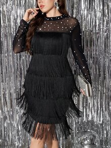 Reflora Plus Size Fashion Party Beaded Decor Mesh Patchwork Multi-Layer Tassel Dress - Black - View 2