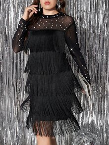Reflora Plus Size Fashion Party Beaded Decor Mesh Patchwork Multi-Layer Tassel Dress - Black - View 5