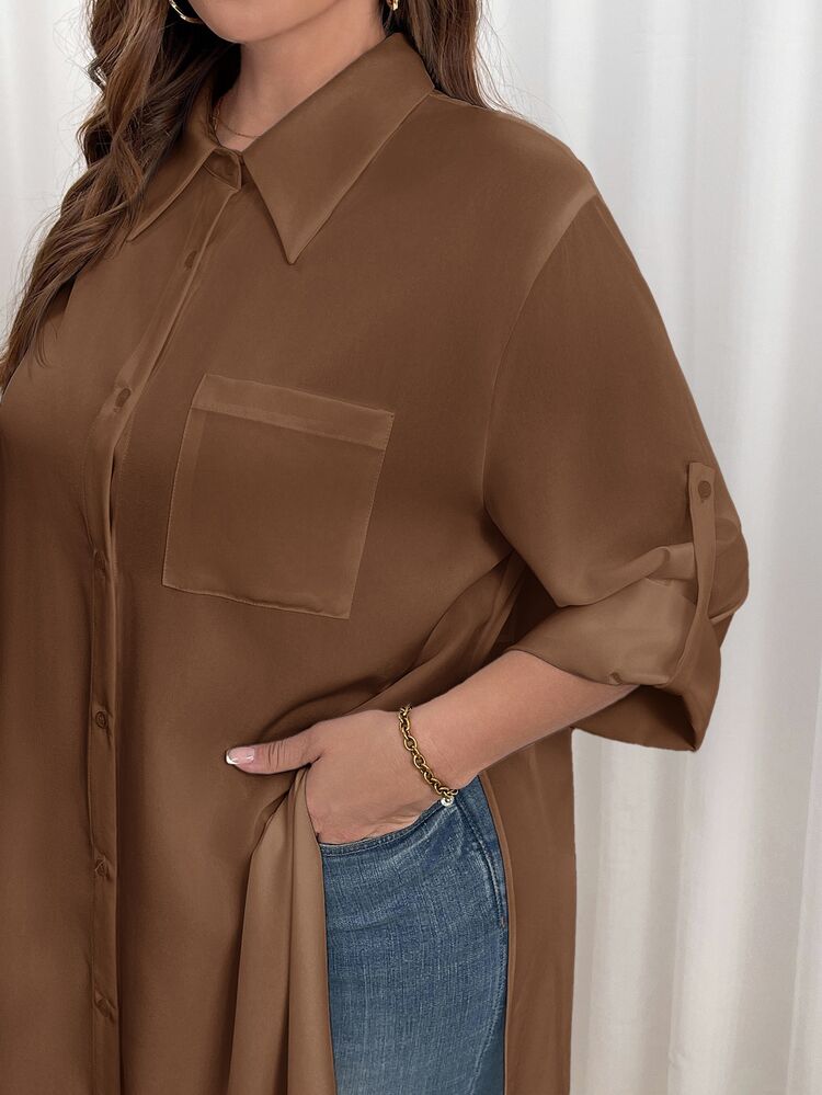 Shapeblank Plus Size Women Solid Color Casual Daily Summer Dress - Mocha Brown - View 3