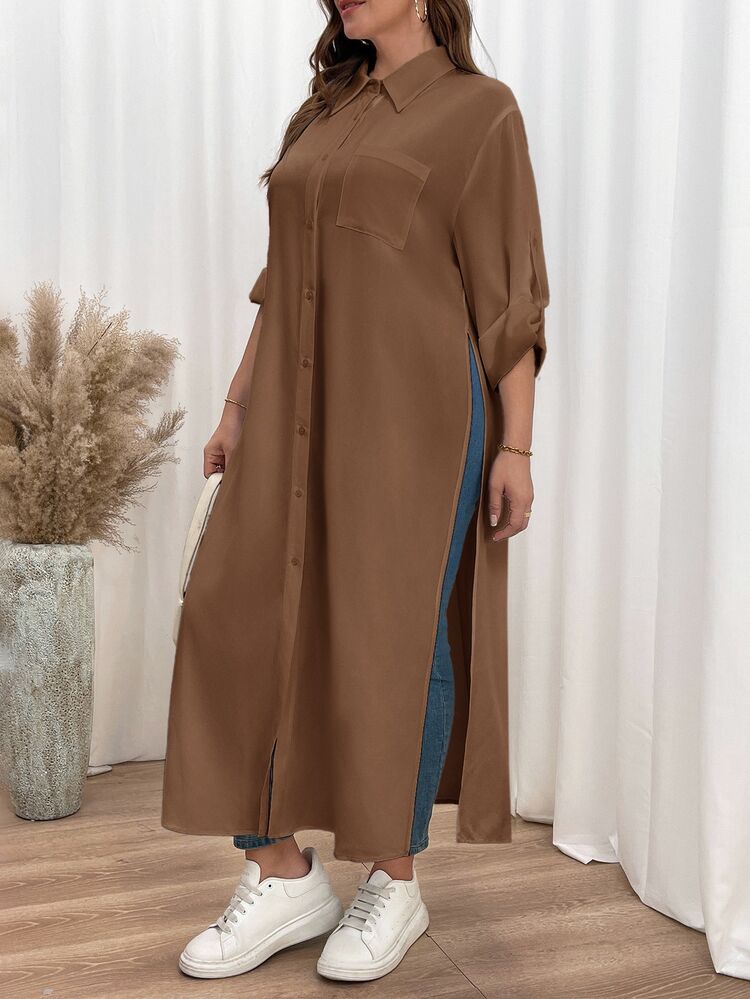 Shapeblank Plus Size Women Solid Color Casual Daily Summer Dress - Mocha Brown - View 5