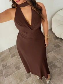 Auralis Plus Size Summer Elegant Sexy Cowl Neck Backless Halter Dress - Coffee Brown - View 3