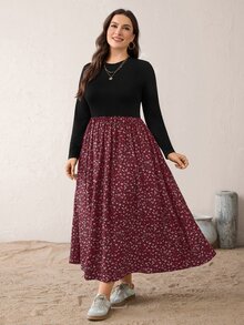 SHEIN Essnce 大尺碼度假休閒優雅束腰小碎花拼接洋裝 秋季早午餐晨間正式款 酒紅色 - 酒紅色 - 查看 5