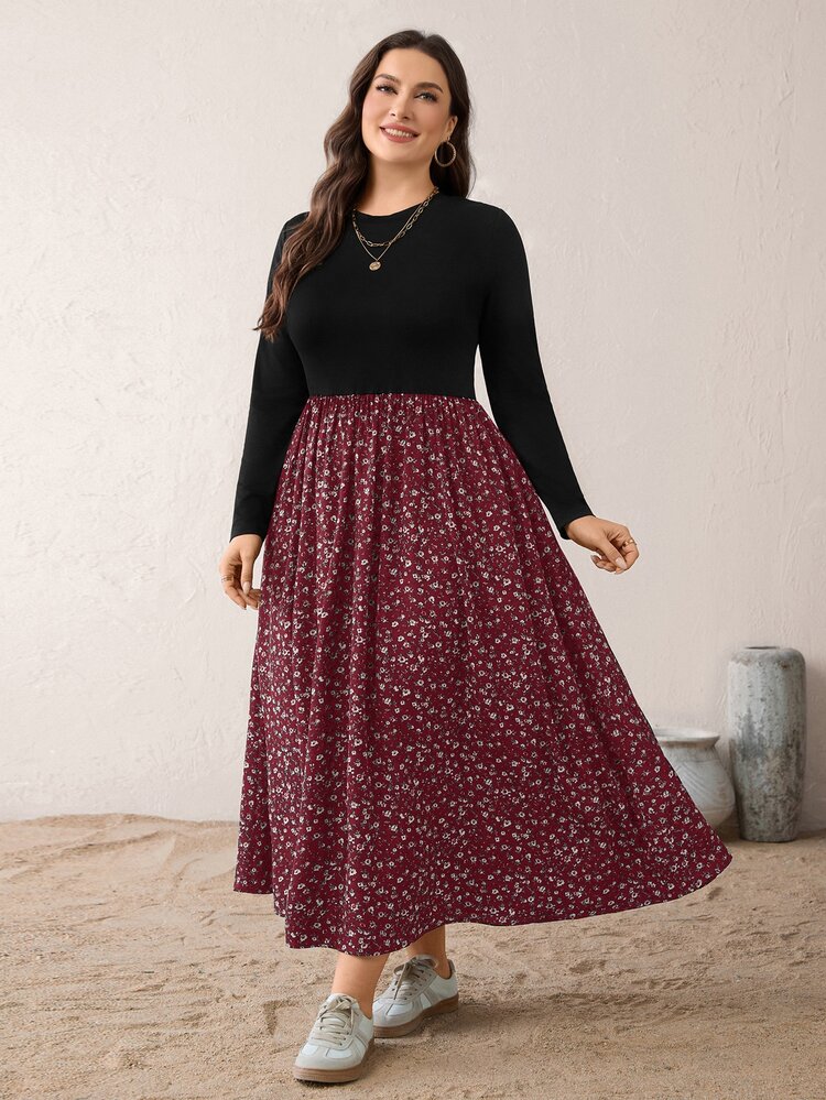 SHEIN Essnce Plus Size Vacation Casual Elegant Corset Ditsy Floral Patchwork Dress Fall Brunch Morning Formal Burgundy - Burgundy - View 5