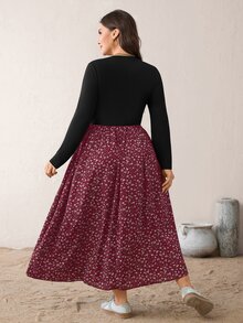 SHEIN Essnce 大尺碼度假休閒優雅束腰小碎花拼接洋裝 秋季早午餐晨間正式款 酒紅色 - 酒紅色 - 查看 2