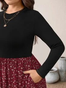 SHEIN Essnce 大尺碼度假休閒優雅束腰小碎花拼接洋裝 秋季早午餐晨間正式款 酒紅色 - 酒紅色 - 查看 3