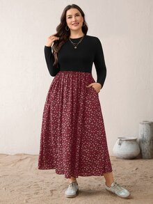 SHEIN Essnce 大尺碼度假休閒優雅束腰小碎花拼接洋裝 秋季早午餐晨間正式款 酒紅色 - 酒紅色 - 查看 6