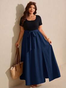 Elaquor Plus Size Vacation Casual Colorblock Patchwork Dress - Navy Blue - View 6