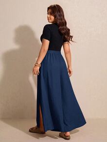 Elaquor Plus Size Vacation Casual Colorblock Patchwork Dress - Navy Blue - View 2