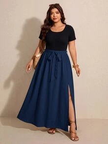 Elaquor Plus Size Vacation Casual Colorblock Patchwork Dress - Navy Blue - View 4
