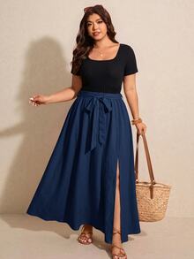 Elaquor Plus Size Vacation Casual Colorblock Patchwork Dress - Navy Blue - View 1