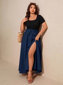 Elaquor Plus Size Vacation Casual Colorblock Patchwork Dress - Navy Blue - View 5