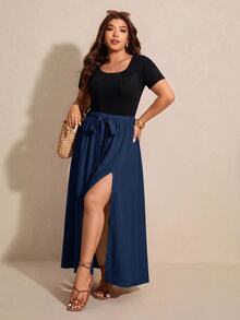 Elaquor Plus Size Vacation Casual Colorblock Patchwork Dress - Navy Blue - View 3