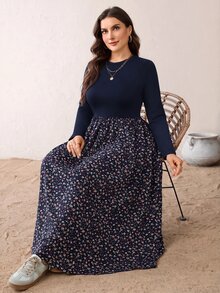 SHEIN Essnce Gaun Patchwork Bunga Kecil Kasual Ukuran Plus untuk Musim Gugur - Navy Blue - View 4