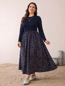 SHEIN Essnce Gaun Patchwork Bunga Kecil Kasual Ukuran Plus untuk Musim Gugur - Navy Blue - View 5