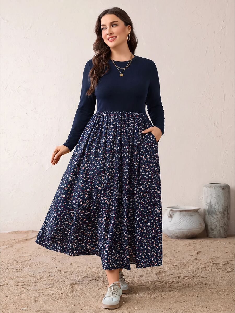 SHEIN Essnce Gaun Patchwork Bunga Kecil Kasual Ukuran Plus untuk Musim Gugur - Navy Blue - View 1
