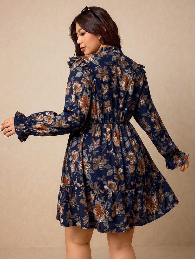 Elaquor Plus Size Autumn Casual Floral Print Dress - Navy Blue - View 2