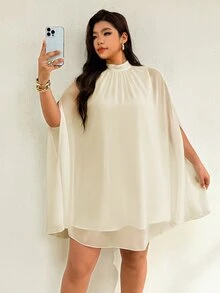 Auralis 大尺碼女款優雅通勤純色披肩袖洋裝 - 杏色 - 查看 5