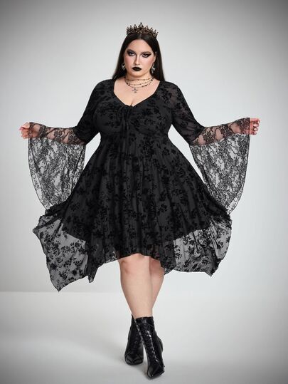 SHEIN CURVE+ Đầm ren bất đối xứng cho nữ size lớn, đầm Halloween, đầm dạ hội thanh lịch, phong cách tối màu