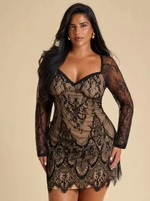 SHEIN BAE CURVE Plus Size Women's Lace Elegant Short Dress - Black - View 6